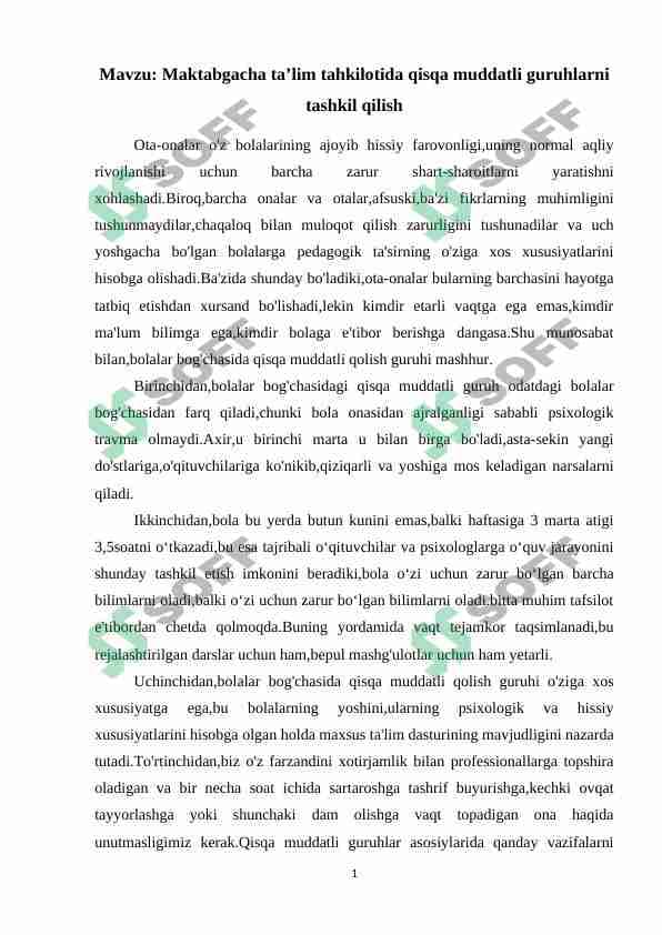 Maktabgacha ta’lim tahkilotida qisqa muddatli guruhlarni tashkil qilish