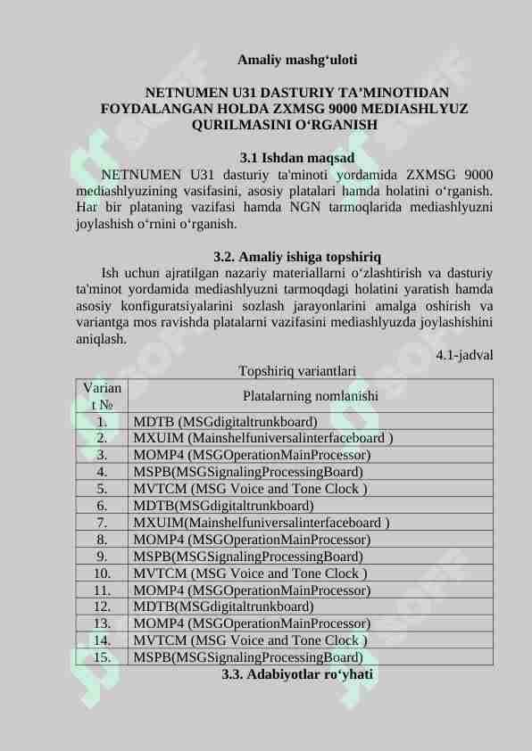 NETNUMEN U31 DASTURIY TA’MINOTIDAN FOYDALANGAN HOLDA ZXMSG 9000 MEDIASHLYUZ QURILMASINI O‘RGANISH