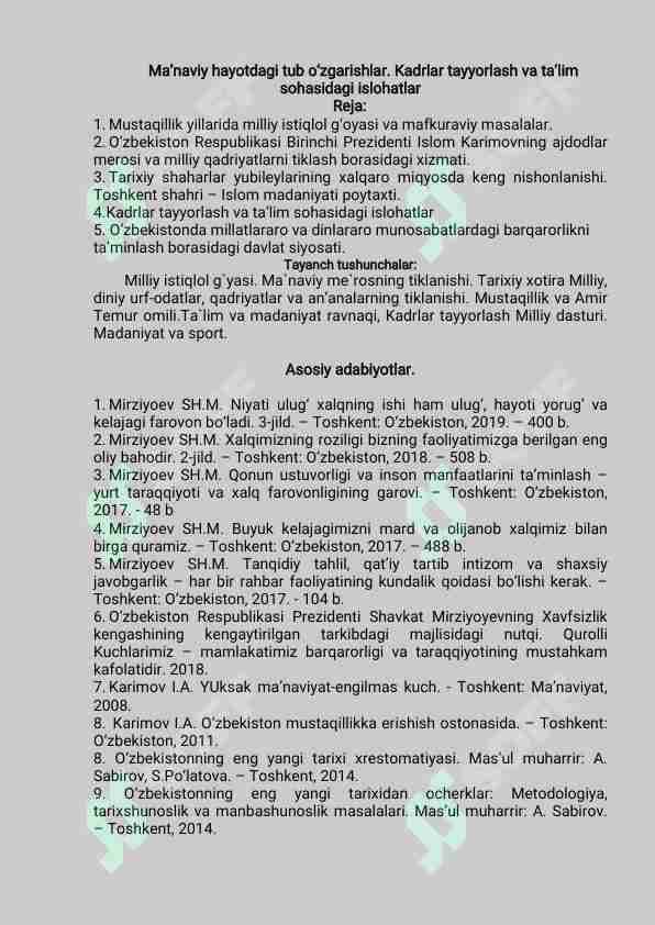 Ma’naviy hayotdagi tub o‘zgarishlar. Kadrlar tayyorlash va ta’lim sohasidagi islohatlar