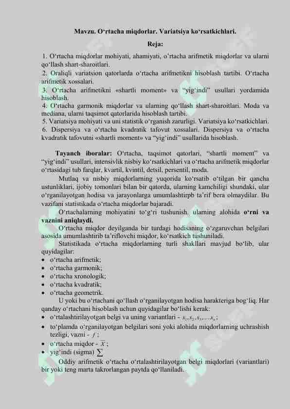 O`rtacha miqdorlar. Varatsiyako`rsatkichlari