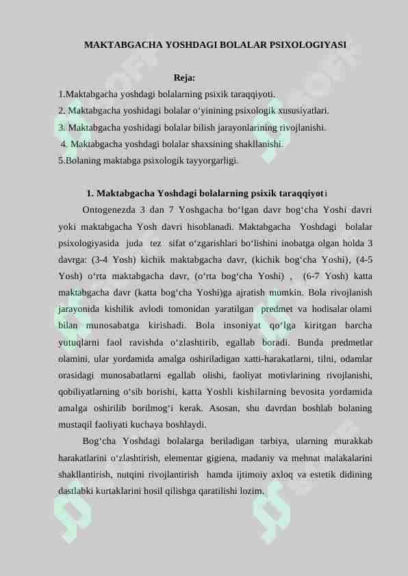 PSIXIK RIVOJLANISH VA UNI DAVRLASHTIRISH MUAMMOSI