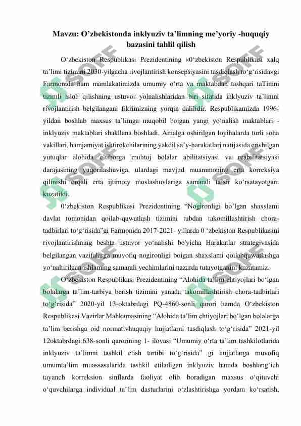 O’zbekistonda inklyuziv ta’limning me’yoriy -huquqiy bazasini tahlil qilish