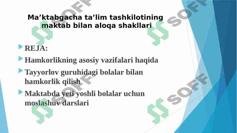 Ma’ktabgacha ta’lim tashkilotining  maktab bilan aloqa shakllari
