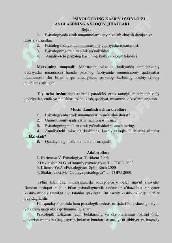 PSIXOLOGNING KASBIY O'ZINI-O'ZI ANGLASHNING AXLOQIY JIHATLARI