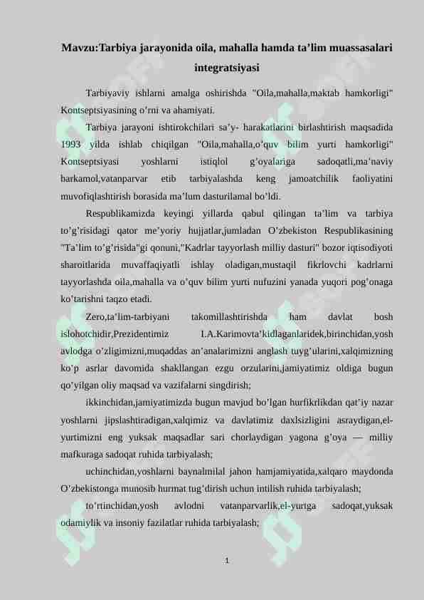 Tarbiya jarayonida oila, mahalla hamda ta’lim muassasalari integratsiyasi