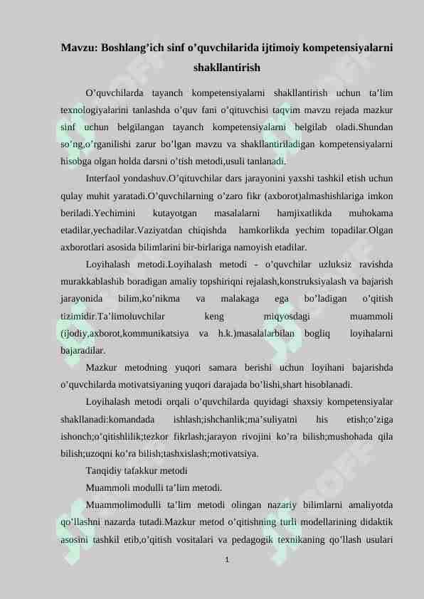 Boshlang’ich sinf o’quvchilarida ijtimoiy kompetensiyalarni shakllantirish