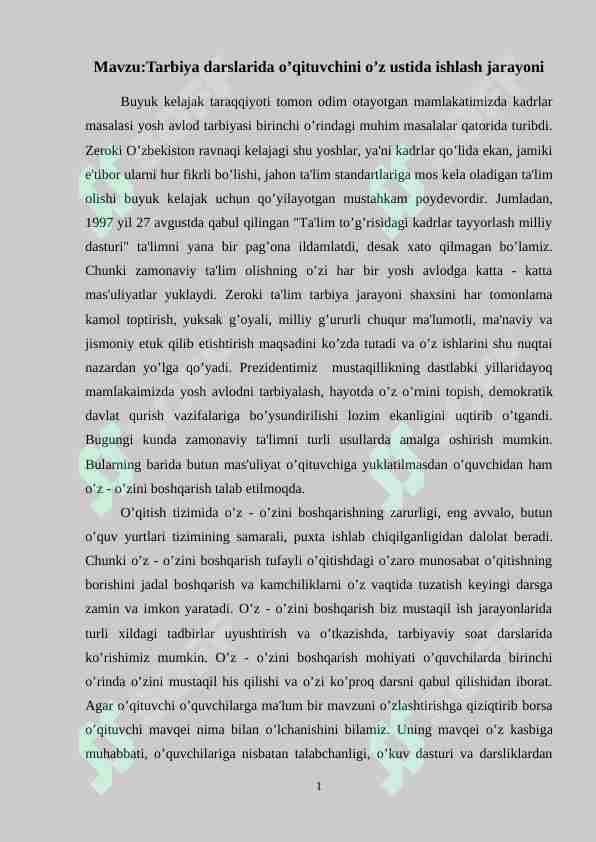 Tarbiya darslarida o’qituvchini o’z ustida ishlash jarayoni