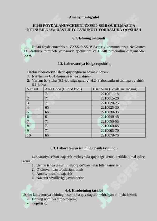 H.248 FOYDALANUVCHISINI ZXSS10-SS1B QURILMASIGA NETNUMEN U31 DASTURIY TA’MINOTI YORDAMIDA QO‘SHISH