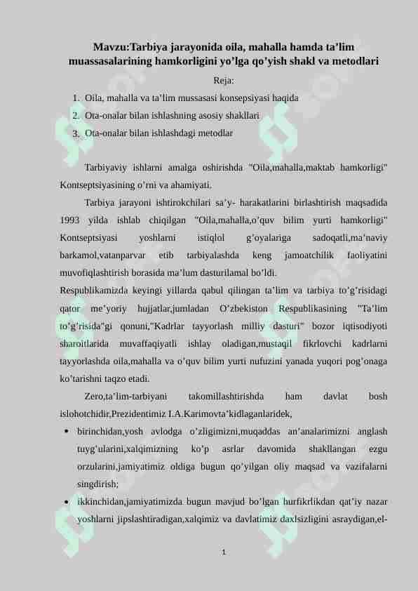 Tarbiya jarayonida oila, mahalla hamda ta’lim muassasalarining hamkorligini yo’lga qo’yish shakl va metodlari