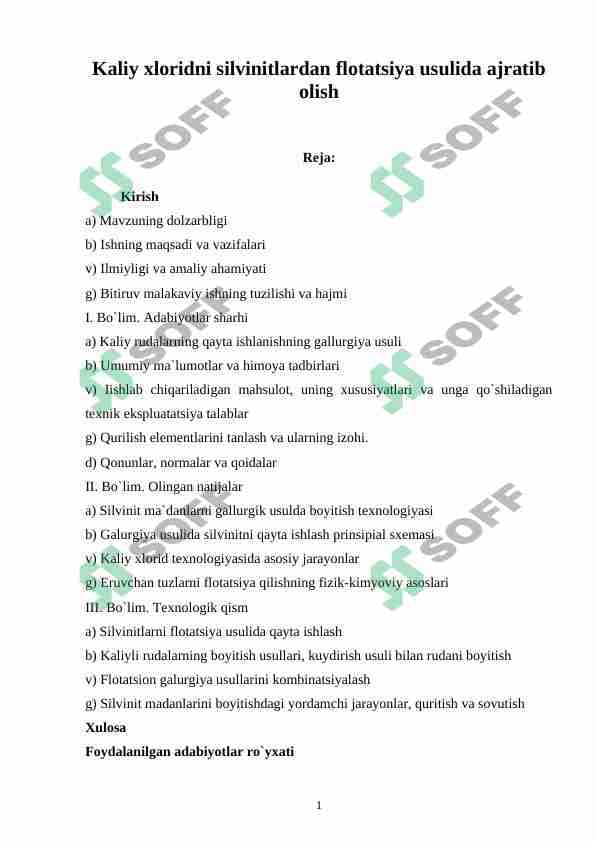 Kaliy xloridni silvinitlardan flotatsiya usulida ajratib olish