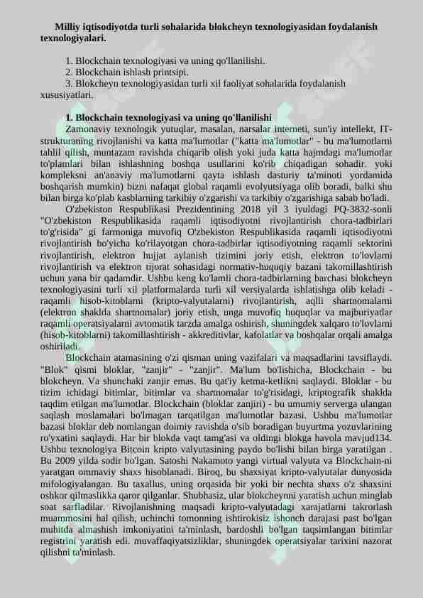 Milliy iqtisodiyotda turli sohalarida blokcheyn texnologiyasidan foydalanish texnologiyalari.