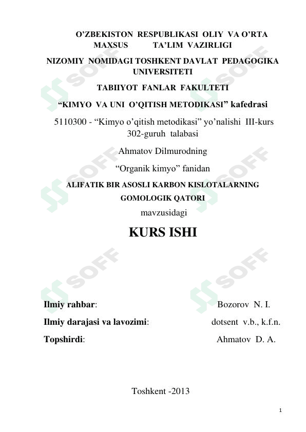 ALIFATIK BIR ASOSLI KARBON KISLOTALARNING GOMOLOGIK QATORI