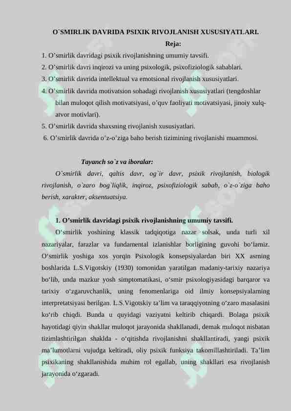 O'SMIRLIK DAVRIDA PSIXIK RIVOJLANISH XUSUSIYATLARI