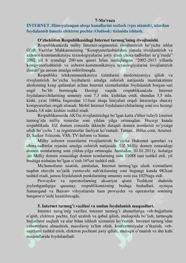 Internit. Himoyalangan aloqa kanallarini sozlash, elektron pochta tzizimida ishlash