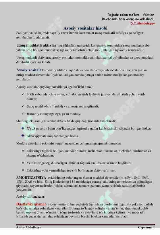 Asosiy vositalar hisobi (Moliyaviy hisob 1)