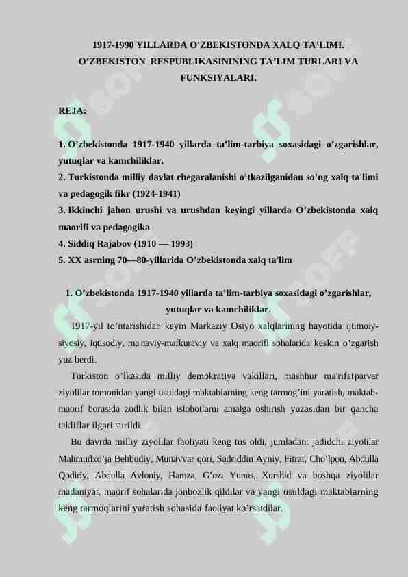 1917-1990 YILLARDA O'ZBEKISTONDA XALQ TA’LIMI. O’ZBEKISTON RESPUBLIKASININING TA’LIM TURLARI VA FUNKSIYALARI