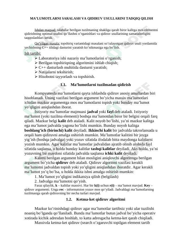 MA’LUMOTLARNI SARALASH VA QIDIRUV USULLARINI TADQIQ QILISH