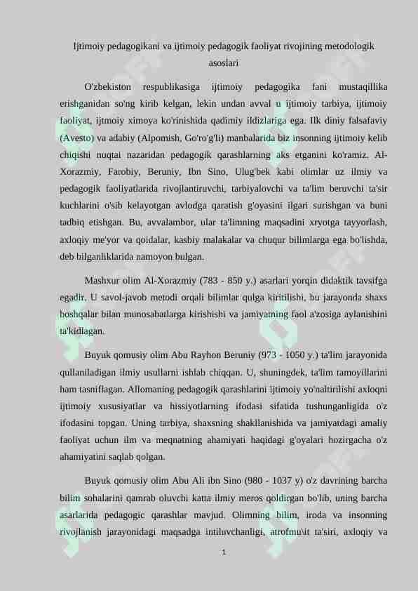Ijtimoiy pedagogikani va ijtimoiy pedagogik faoliyat rivojining metodologik asoslari