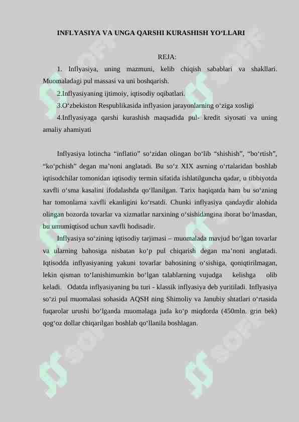 INFLYASIYA VA UNGA QARSHI KURASHISH YO‘LLARI