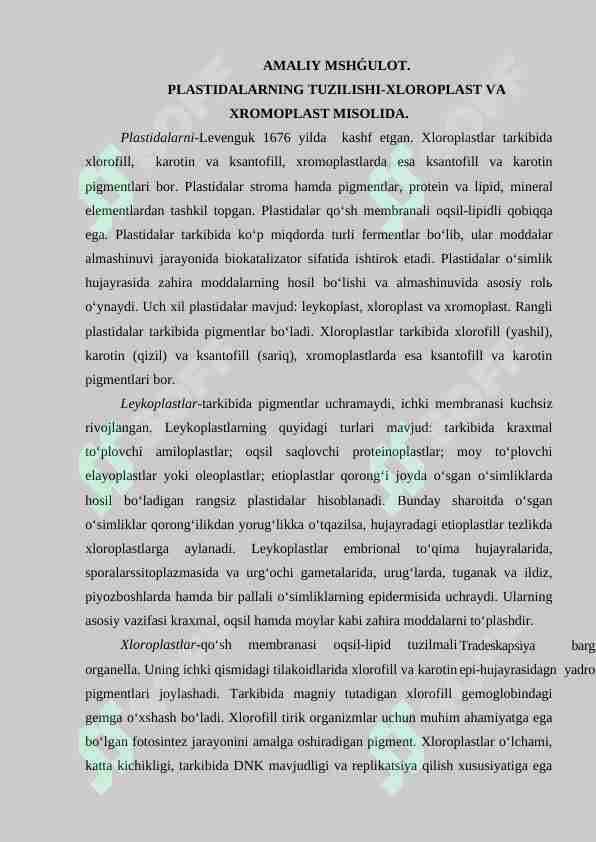 PLASTIDALARNING TUZILISHI-XLOROPLAST VA XROMOPLAST MISOLIDA.
