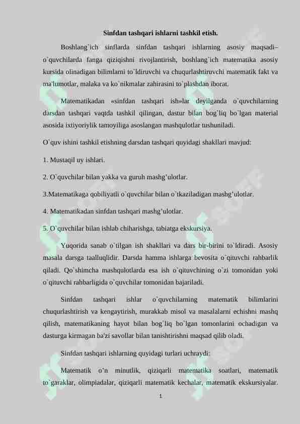 Sinfdan tashqari ishlarni tashkil etish.