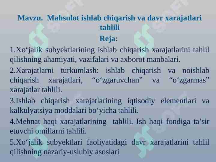 Mahsulot ishlab chiqarish va davr xarajatlari tahlili