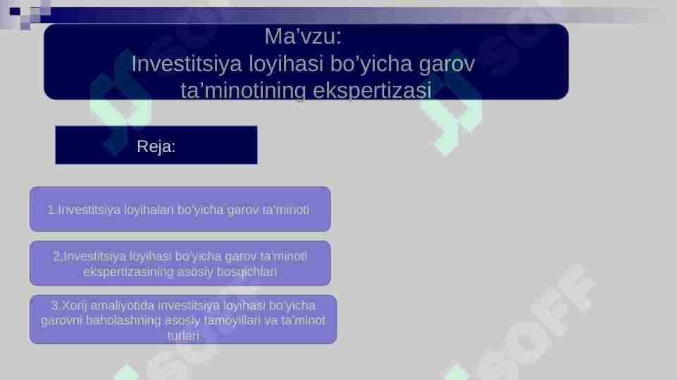 Investitsiya loyihasi bo’yicha garov  ta’minotining ekspertizasi