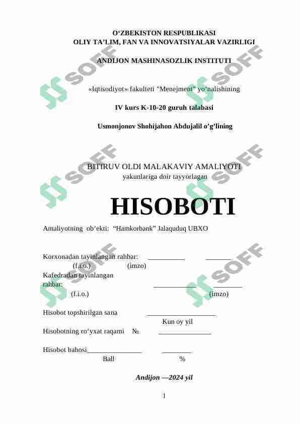 Bitiruv oldi malakaviy amaliyot hisoboti Hamkorbank