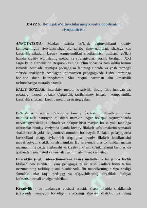 Boʻlajak oʻqituvchilarning kreativ qobiliyatini rivojlantirish