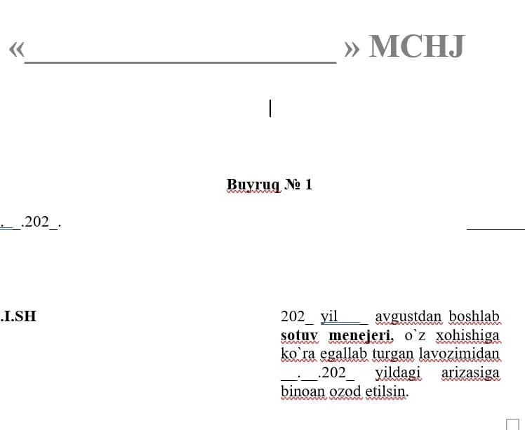 Xodimni ishdan bo'shatish to'g'risida buyruq