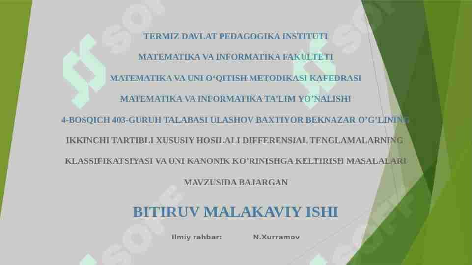IKKINCHI TARTIBLI XUSUSIY HOSILALI DIFFERENSIAL TENGLAMALARNING  KLASSIFIKATSIYASI VA UNI KANONIK KO’RINISHGA KELTIRISH MASALALARI