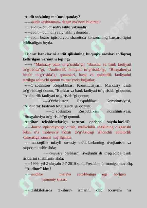 AUDIT FANIDAN TEST SAVOLLARI BAZASI JAVOBLARI BILAN
