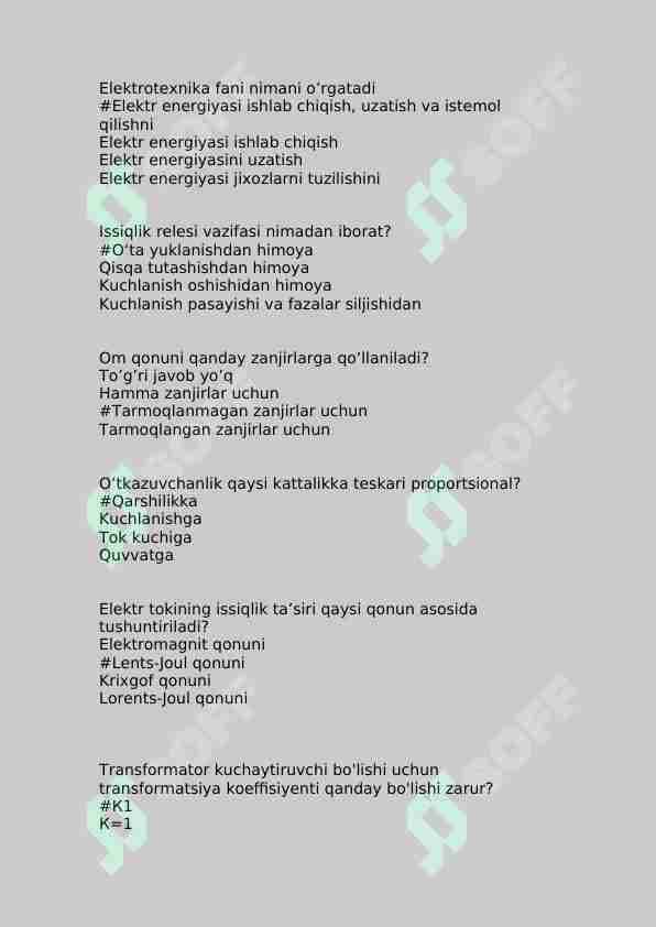 Elеktrotеxnika va elektronika fanidan 300 talik test javoblari bilan