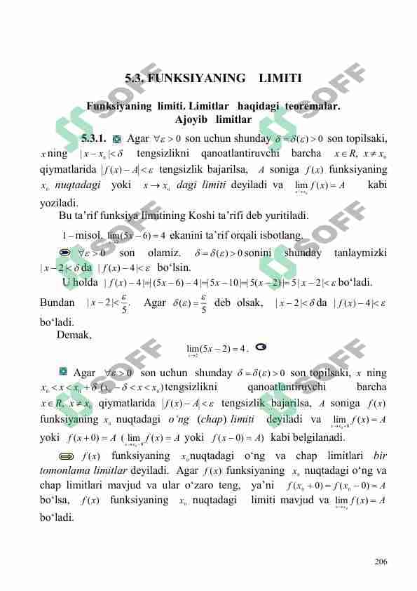 Funksiyaning limiti. Limitlar haqidagi teoremalar.  Ajoyib limitlar