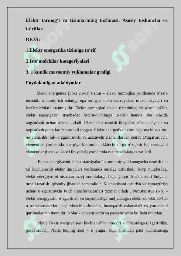 Elektr tarmog'i va tizimlarining tuzilmasi