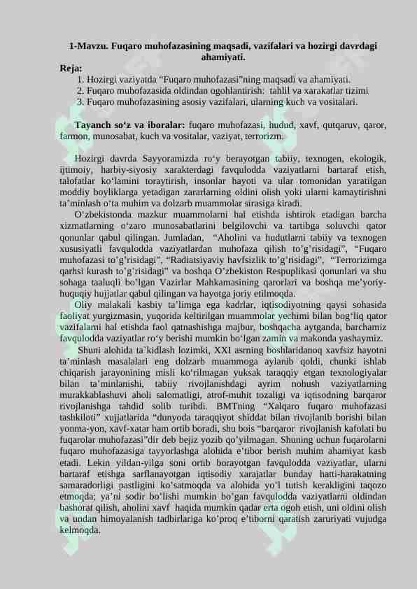 Fuqaro muhofazasining maqsadi, vazifalari va hozirgi davrdagi  ahamiyati.