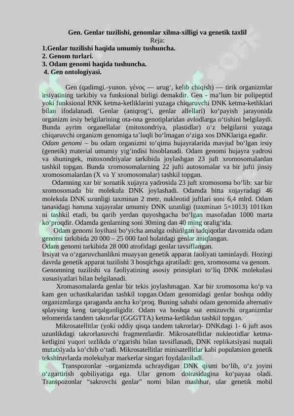 Gen. Genlar tuzilishi, genomlar xilma-xilligi va genetik taxlil