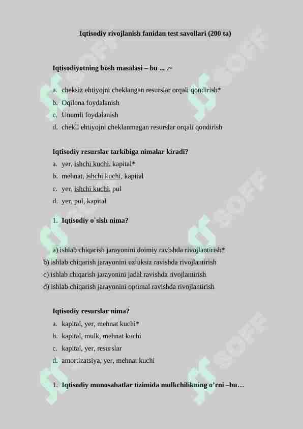 Iqtisodiy rivojlanish fanidan test savollari (200 ta), javoblari bilan