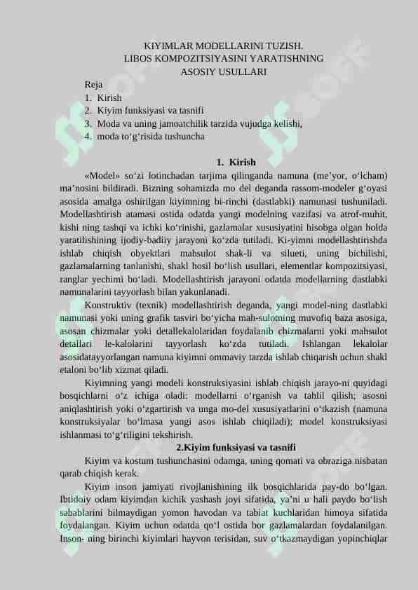 KIYIMLAR MODELLARINI TUZISH. LIBOS KOMPOZITSIYASINI YARATISHNING ASOSIY USULLARI