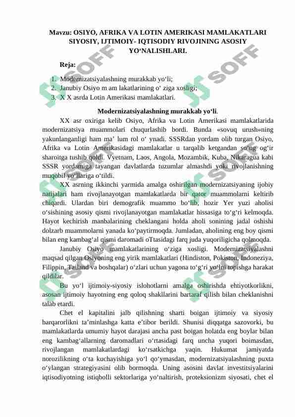 OSIYO, AFRIKA VA LOTIN AMERIKASI MAMLAKATLARI SIYOSIY, IJTIMOIY- IQTISODIY RIVOJINING ASOSIY YO‘NALISHLARI