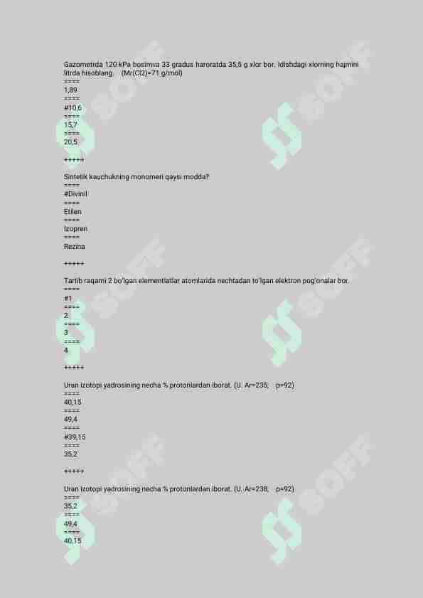 kimyo fanidan 300 talik test javoblari bilan