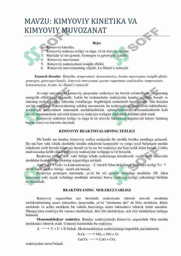 KIMYOVIY KINETIKA VA KIMYOVIY MUVOZANAT