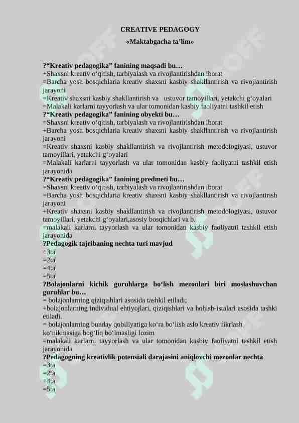 CREATIVE Pedagogika fanidan test savol-javoblari