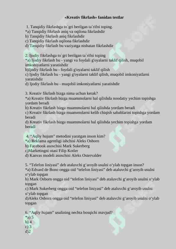 Kreativ fikrlash fanidan 150 talik test, javoblari bilan