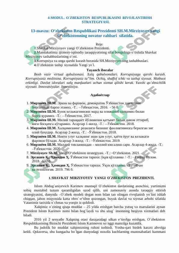 O‘zbekiston Respublikasi Prezidenti SH.M.Mirziyoyev yangi O‘zbekistonning novator rahbari  sifatida.