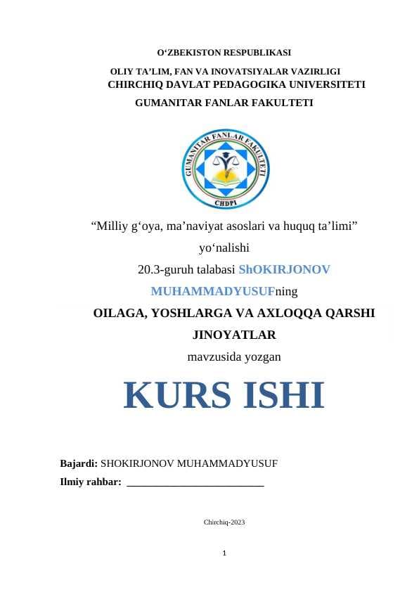 OILAGA, YOSHLARGA VA AXLOQQA QARSHI  JINOYATLAR