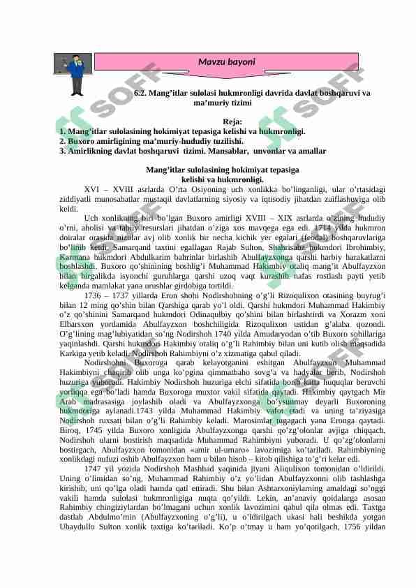 Mang’itlar sulolasi hukmronligi davrida davlat boshqaruvi va ma’muriy tizimi