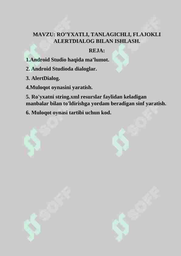 RO’YXATLI, TANLAGICHLI, FLAJOKLI ALERTDIALOG BILAN ISHLASH