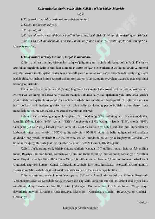 Kaliy tuzlari konlarini qazib olish. Kaliyli o`g`itlar ishlab chiqarish