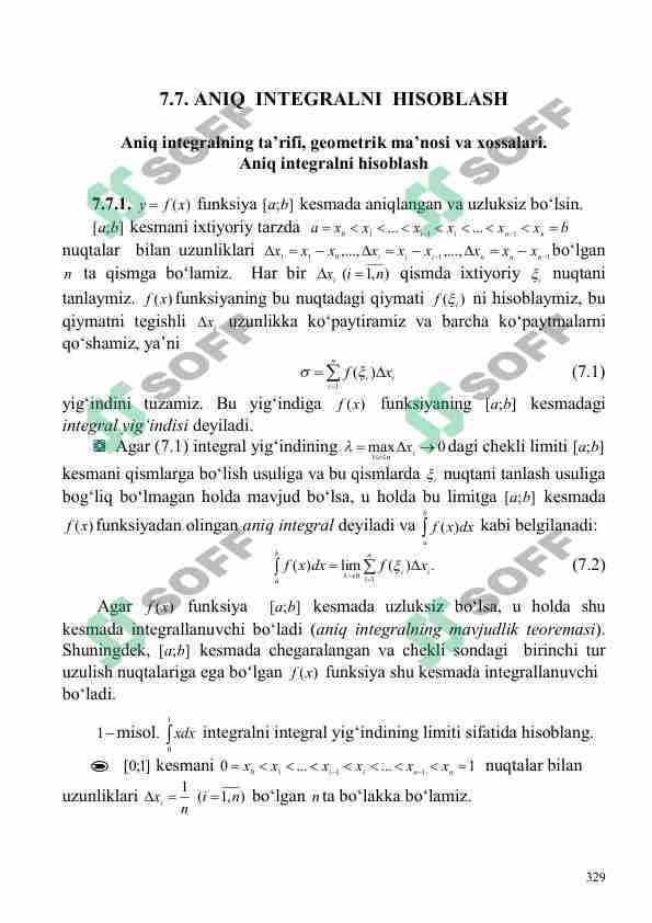 Aniq integralning ta’rifi, geometrik ma’nosi va xossalari. Aniq integralni hisoblash